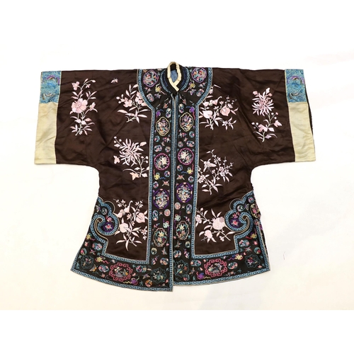 1341 - A Chinese early Republic blue silk embroidered robe with colourful ornately embroidered sleeve bands... 