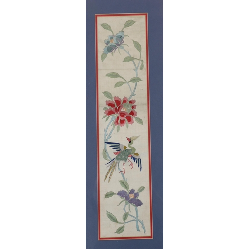 1343 - A pair of framed early 20th century Chinese cream silk polychrome silk embroidered sleeve bands, 11c... 