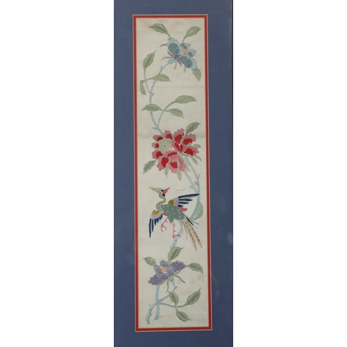 1343 - A pair of framed early 20th century Chinese cream silk polychrome silk embroidered sleeve bands, 11c... 