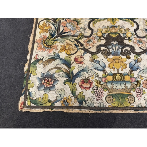 1345 - A large early 18th century possibly French polychrome and gold metallic silk embroidered wall hangin... 