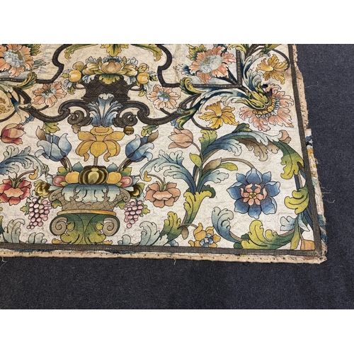 1345 - A large early 18th century possibly French polychrome and gold metallic silk embroidered wall hangin... 