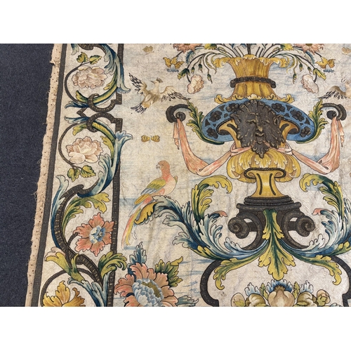 1345 - A large early 18th century possibly French polychrome and gold metallic silk embroidered wall hangin... 