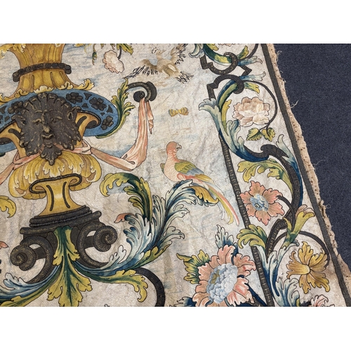 1345 - A large early 18th century possibly French polychrome and gold metallic silk embroidered wall hangin... 