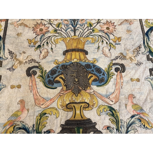 1345 - A large early 18th century possibly French polychrome and gold metallic silk embroidered wall hangin... 