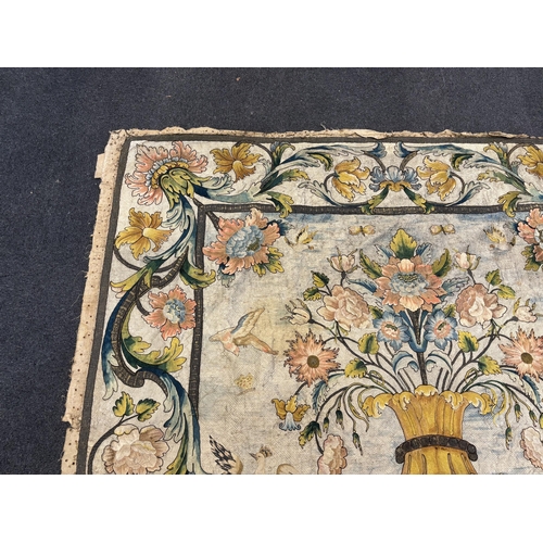 1345 - A large early 18th century possibly French polychrome and gold metallic silk embroidered wall hangin... 