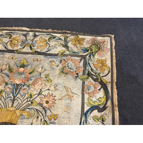 1345 - A large early 18th century possibly French polychrome and gold metallic silk embroidered wall hangin... 