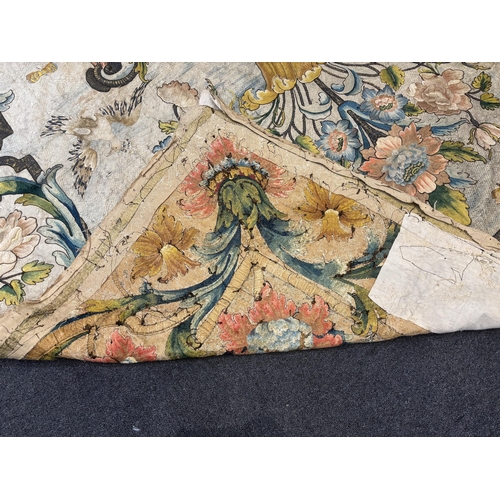 1345 - A large early 18th century possibly French polychrome and gold metallic silk embroidered wall hangin... 