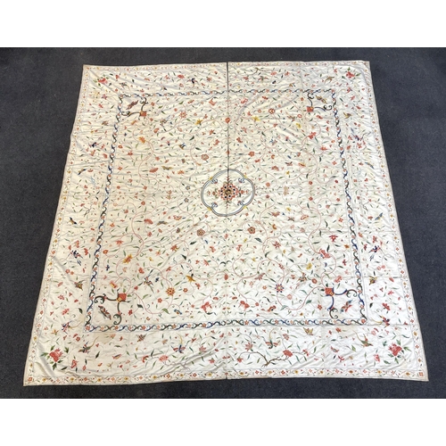 1346 - A fine Chinese 19th century silk polychrome embroidered cream silk bed cover, 290cm long x 278cm wid... 