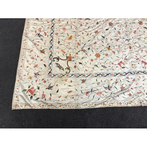 1346 - A fine Chinese 19th century silk polychrome embroidered cream silk bed cover, 290cm long x 278cm wid... 