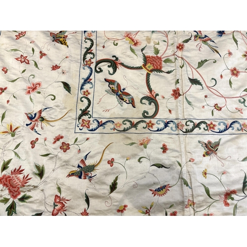 1346 - A fine Chinese 19th century silk polychrome embroidered cream silk bed cover, 290cm long x 278cm wid... 