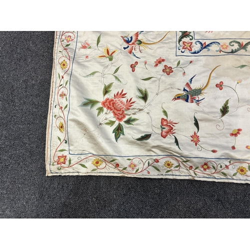 1346 - A fine Chinese 19th century silk polychrome embroidered cream silk bed cover, 290cm long x 278cm wid... 