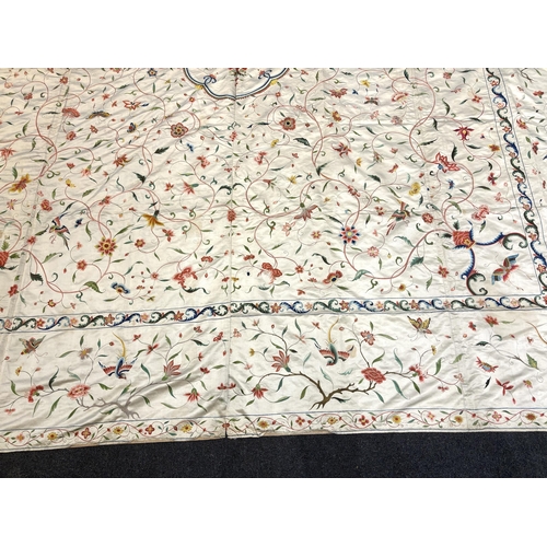 1346 - A fine Chinese 19th century silk polychrome embroidered cream silk bed cover, 290cm long x 278cm wid... 