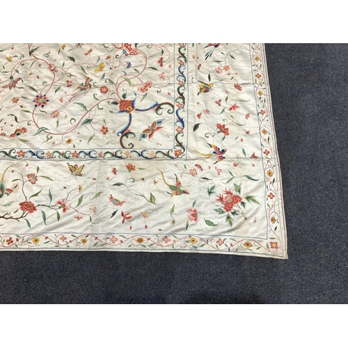 1346 - A fine Chinese 19th century silk polychrome embroidered cream silk bed cover, 290cm long x 278cm wid... 