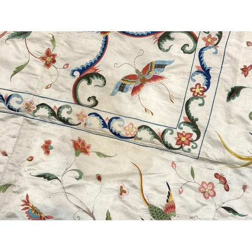 1346 - A fine Chinese 19th century silk polychrome embroidered cream silk bed cover, 290cm long x 278cm wid... 