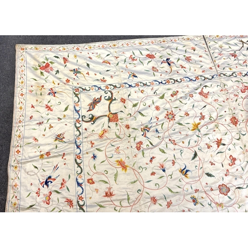 1346 - A fine Chinese 19th century silk polychrome embroidered cream silk bed cover, 290cm long x 278cm wid... 