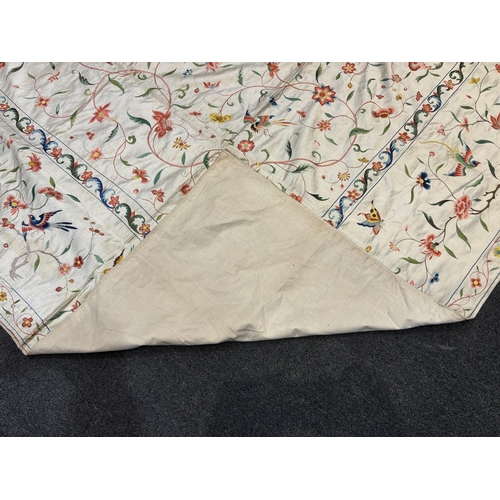 1346 - A fine Chinese 19th century silk polychrome embroidered cream silk bed cover, 290cm long x 278cm wid... 