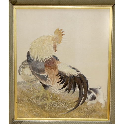 1347 - A large framed early 20th century Japanese silk polychrome embroidery of a cockerel, its chick and ... 