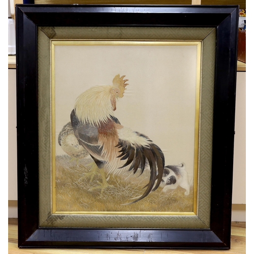 1347 - A large framed early 20th century Japanese silk polychrome embroidery of a cockerel, its chick and ... 