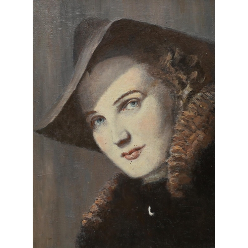 1786 - Oil on canvas, Portrait of a lady with fur collar, possibly a movie star, 42 x 32cm