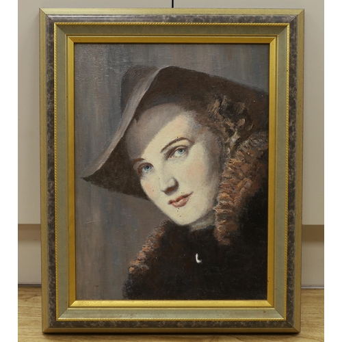 1786 - Oil on canvas, Portrait of a lady with fur collar, possibly a movie star, 42 x 32cm