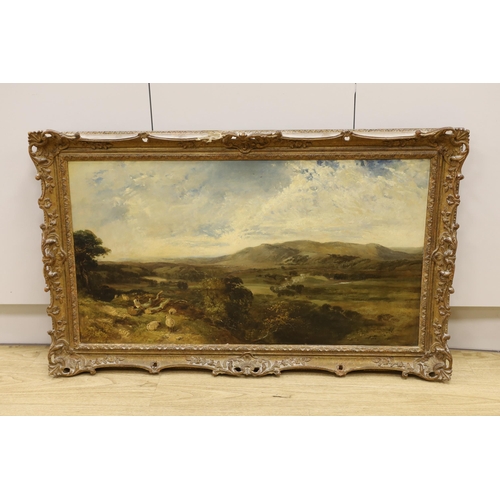 1802 - Victorian School, oil on canvas, Landscape with shepherd and sheep, 49 x 90cm, ornate gilt frame... 