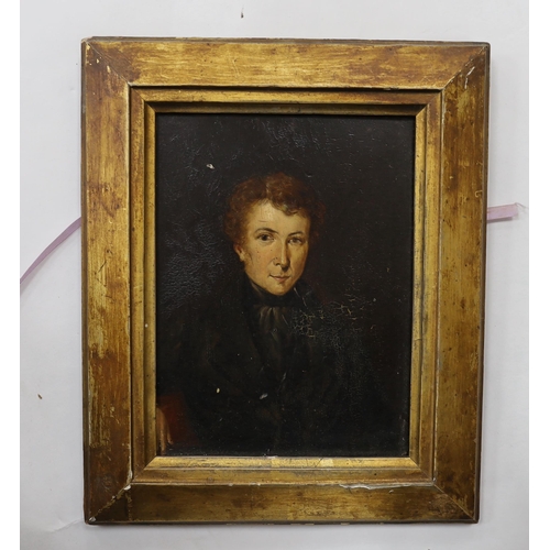 1843 - 19th century English School, oil on board, portrait of a young gentleman, 17 x 12.5cm