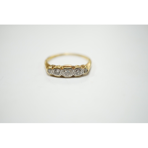 2001 - An 18ct, plat and graduated collet set five stone diamond half hoop ring, size P, gross weight 3.1 g... 