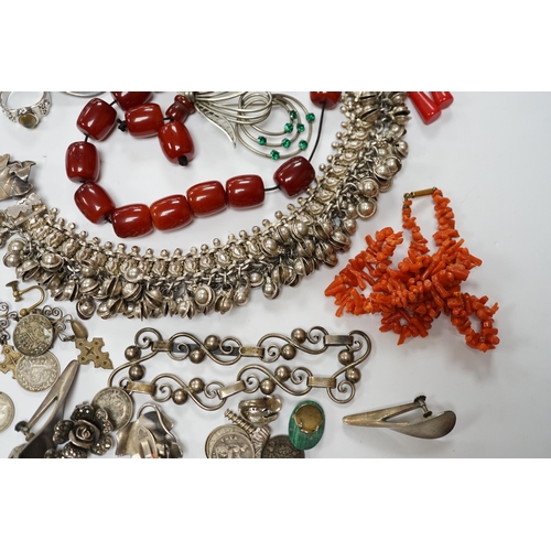 2006 - A quantity of assorted jewellery including costume, a pair of Danish sterling ear clips, a 1960's Na... 