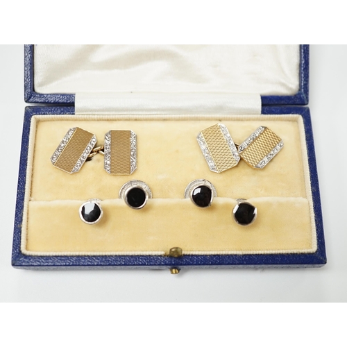 2007 - A pair of 1930's 9ct gold and plat, rectangular cufflinks, 15mm, gross 6.6 grams, together with four... 