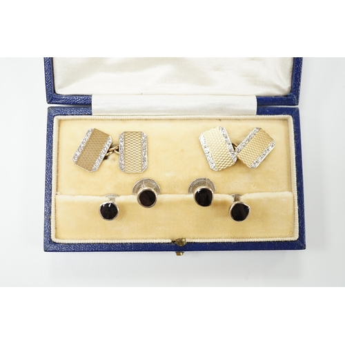 2007 - A pair of 1930's 9ct gold and plat, rectangular cufflinks, 15mm, gross 6.6 grams, together with four... 