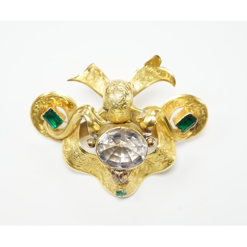 2008 - A Victorian engraved yellow metal and foil backed rock crystal and green stone set brooch, width 67m... 