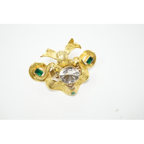 2008 - A Victorian engraved yellow metal and foil backed rock crystal and green stone set brooch, width 67m... 