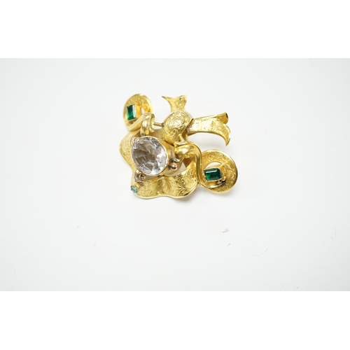 2008 - A Victorian engraved yellow metal and foil backed rock crystal and green stone set brooch, width 67m... 