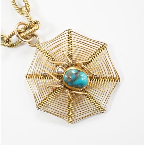 2009 - An early 20th century 9ct, turquoise and seed pearl set 'spider and web' pendant, 30mm, on a yellow ... 