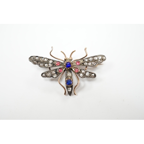 2013 - A Victorian yellow and white metal, rose cut diamond and two colour paste? set bug brooch, width 35m... 