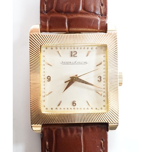 2015 - A gentleman's 18ct gold Jaeger LeCoultre manual wind dress wrist watch, with square dial, milled bez... 