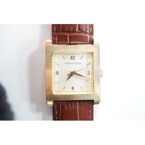 2015 - A gentleman's 18ct gold Jaeger LeCoultre manual wind dress wrist watch, with square dial, milled bez... 