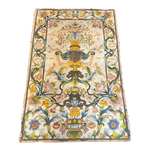 1345 - A large early 18th century possibly French polychrome and gold metallic silk embroidered wall hangin... 