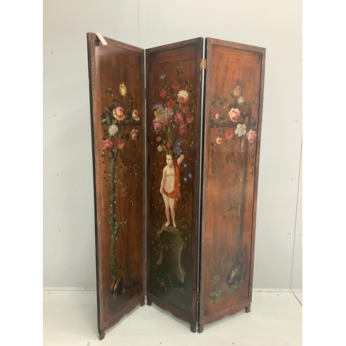 23 - A painted three fold dressing screen, each panel width 45cm, height 176cm