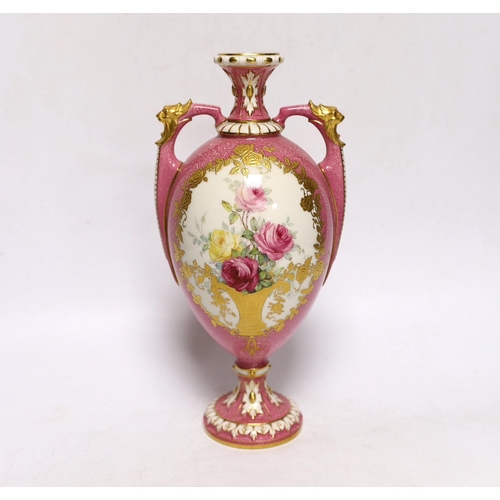 251 - A Royal Worcester pink ground rose painted vase, signed Sedgley, 23.5cm