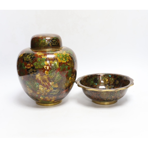 259 - A Chinese cloisonné enamel lidded ginger jar and a bowl, tallest 20cm