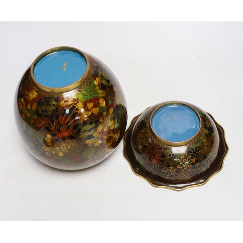 259 - A Chinese cloisonné enamel lidded ginger jar and a bowl, tallest 20cm