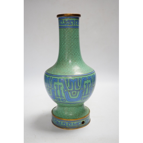 326 - A Chinese green cloisonné enamel vase, hole to base, 27cm high