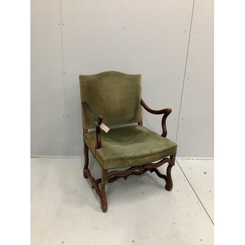 33 - An 18th century French walnut elbow chair, width 63cm, depth 57cm, height 95cm