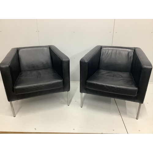 49 - A pair of contemporary black leather armchairs, width 77cm, depth 69cm, height 72cm