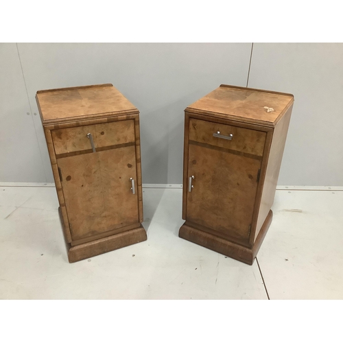 63 - A pair of Art Deco style bird's eye maple bedside cabinets, width 36cm, depth 36cm, height 69cm... 