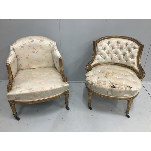 67 - Two late 19th century giltwood and composition salon chairs, larger width 64cm, height 74cm