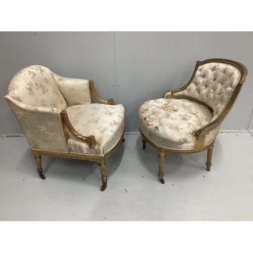 67 - Two late 19th century giltwood and composition salon chairs, larger width 64cm, height 74cm