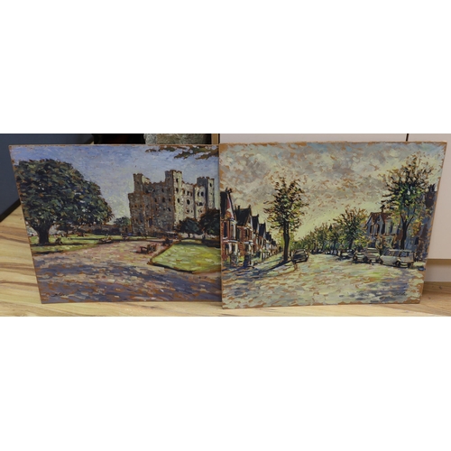 726 - Michael John Blaker (1928-2018), two oils on board, Rochester Castle and Urban street scene, sig... 