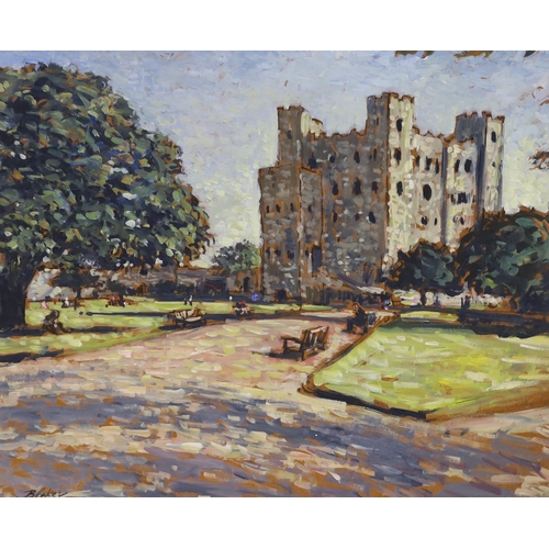 726 - Michael John Blaker (1928-2018), two oils on board, Rochester Castle and Urban street scene, sig... 